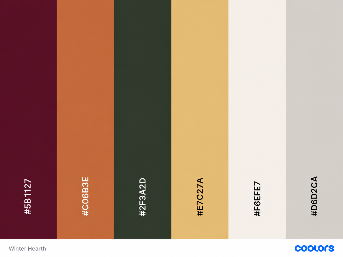 A warm earthy color palette featuring deep burgundy, burnt orange, forest green, golden tan, cream, and light gray swatches.