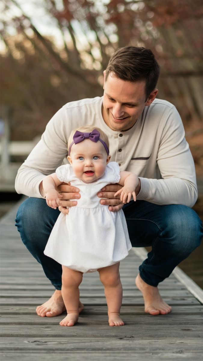 A smiling man crouches on a wooden dock helping a baby girl in a white dress and purple bow take her first steps.