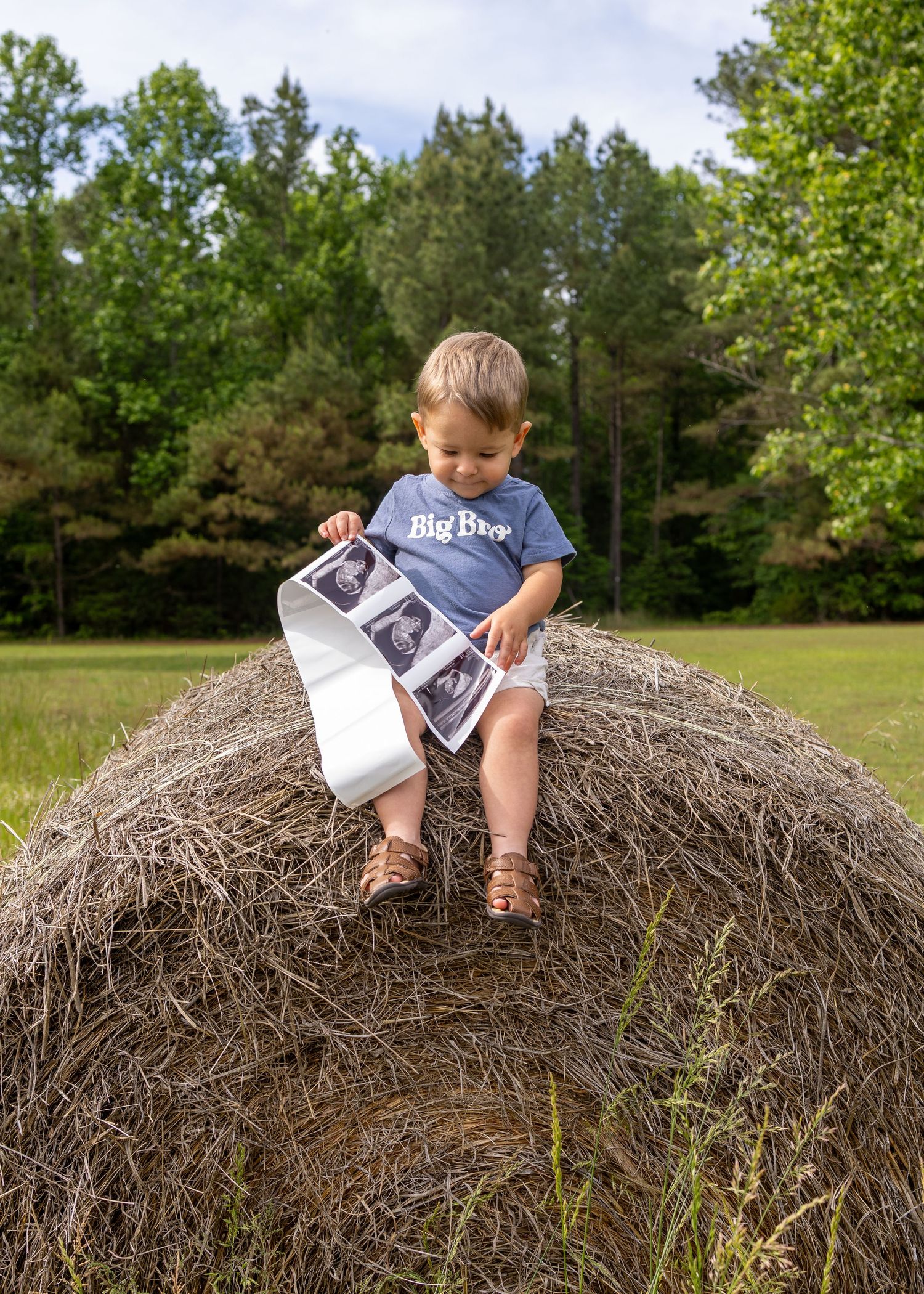 Toddler in Big Bro shirt sits on hay bale holding ultrasound photos, announcing pregnancy outdoors.