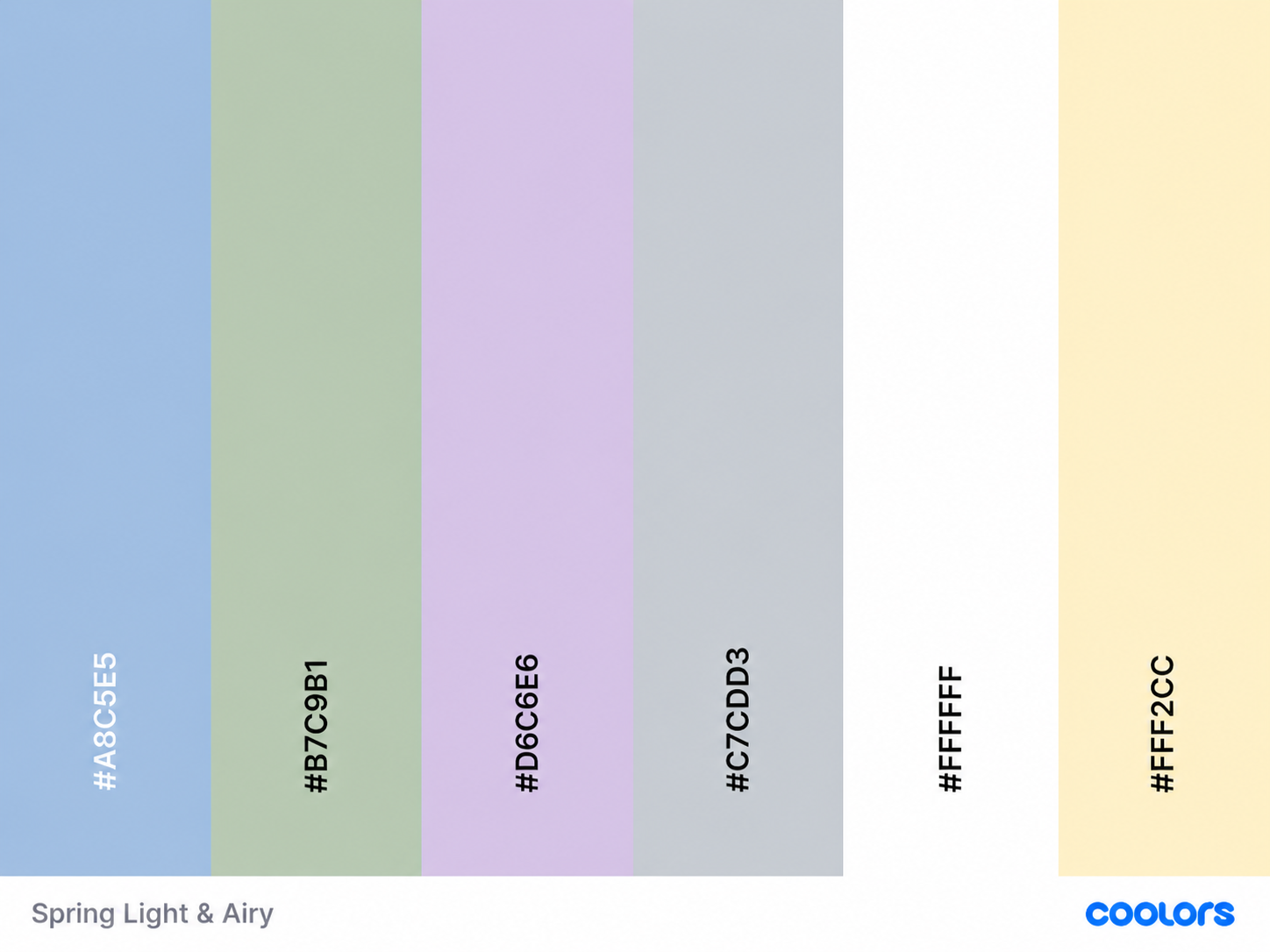 Spring Light & Airy color palette featuring soft blue, sage green, lavender, gray, white, and pale yellow pastel swatches.