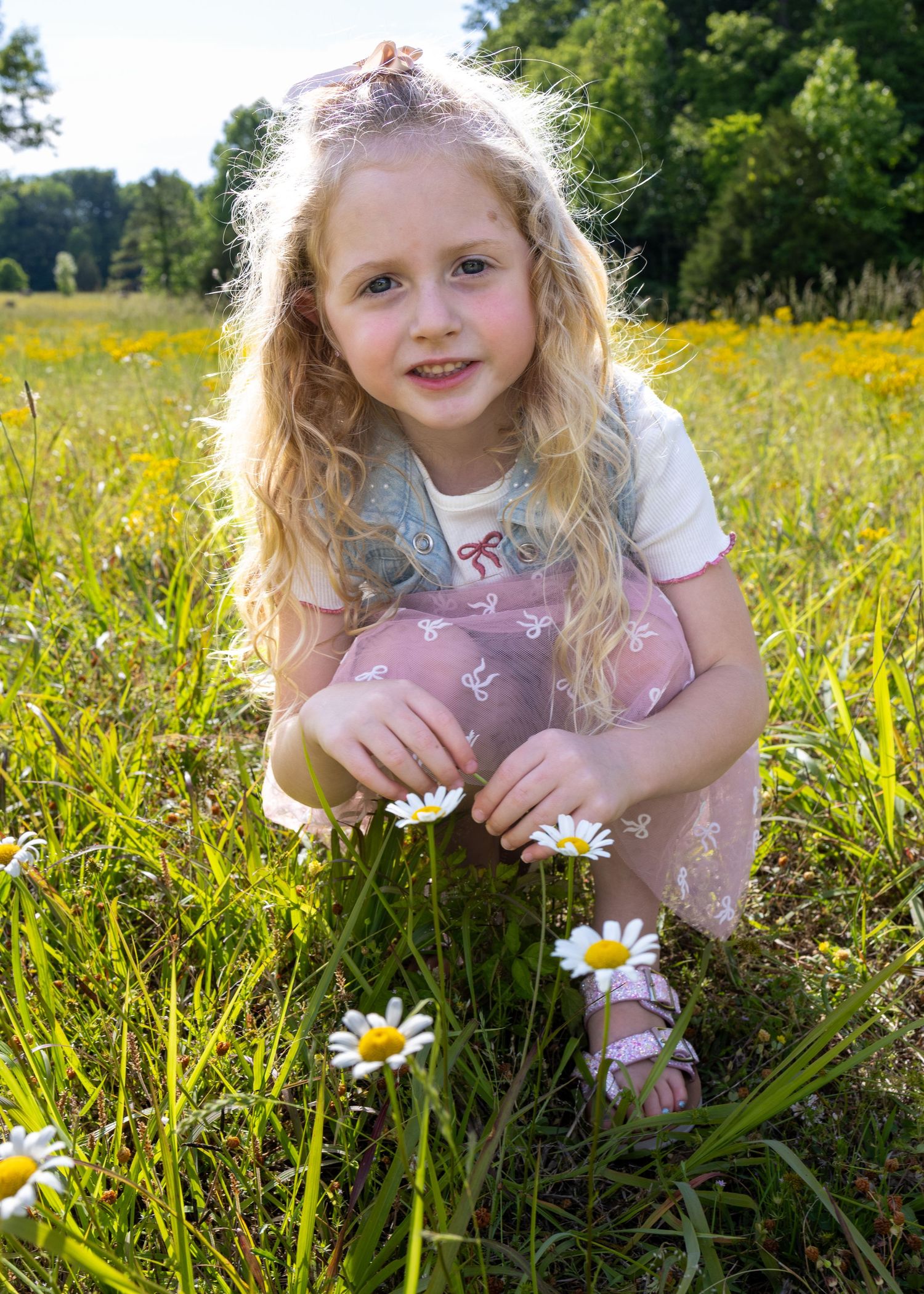 Young girl with blonde curly hair picking daisies in a sunny green meadow, wearing a pink floral dress.