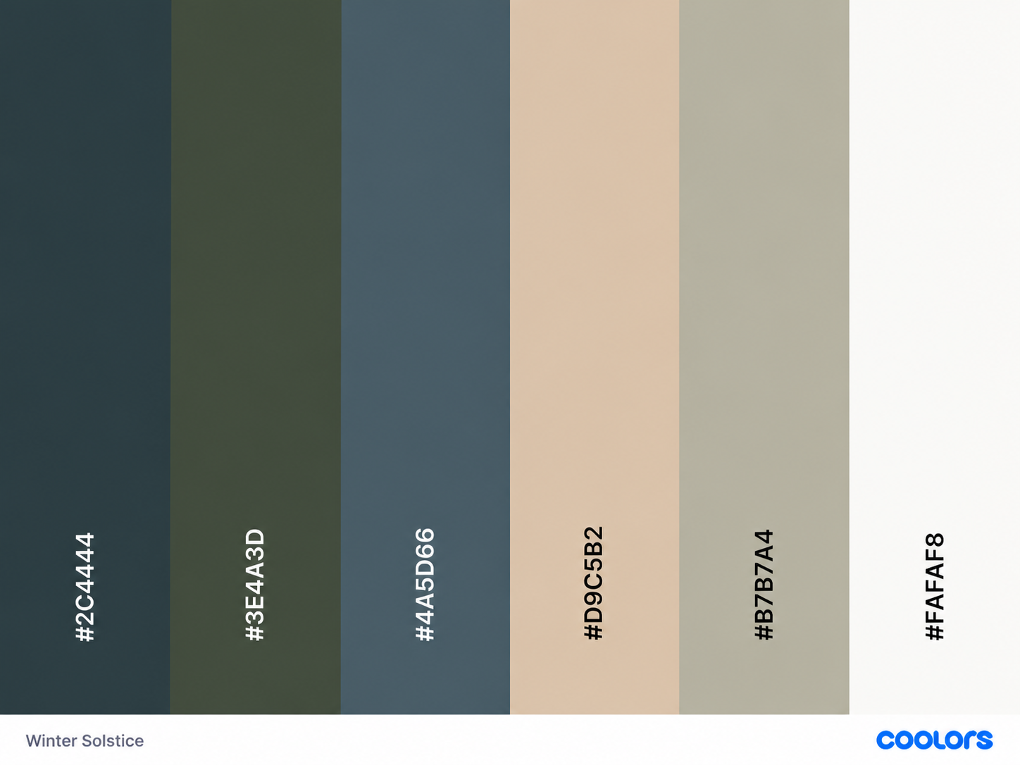 Winter Solstice color palette featuring deep teal, forest green, slate blue, warm beige, taupe, and soft white hex swatches.