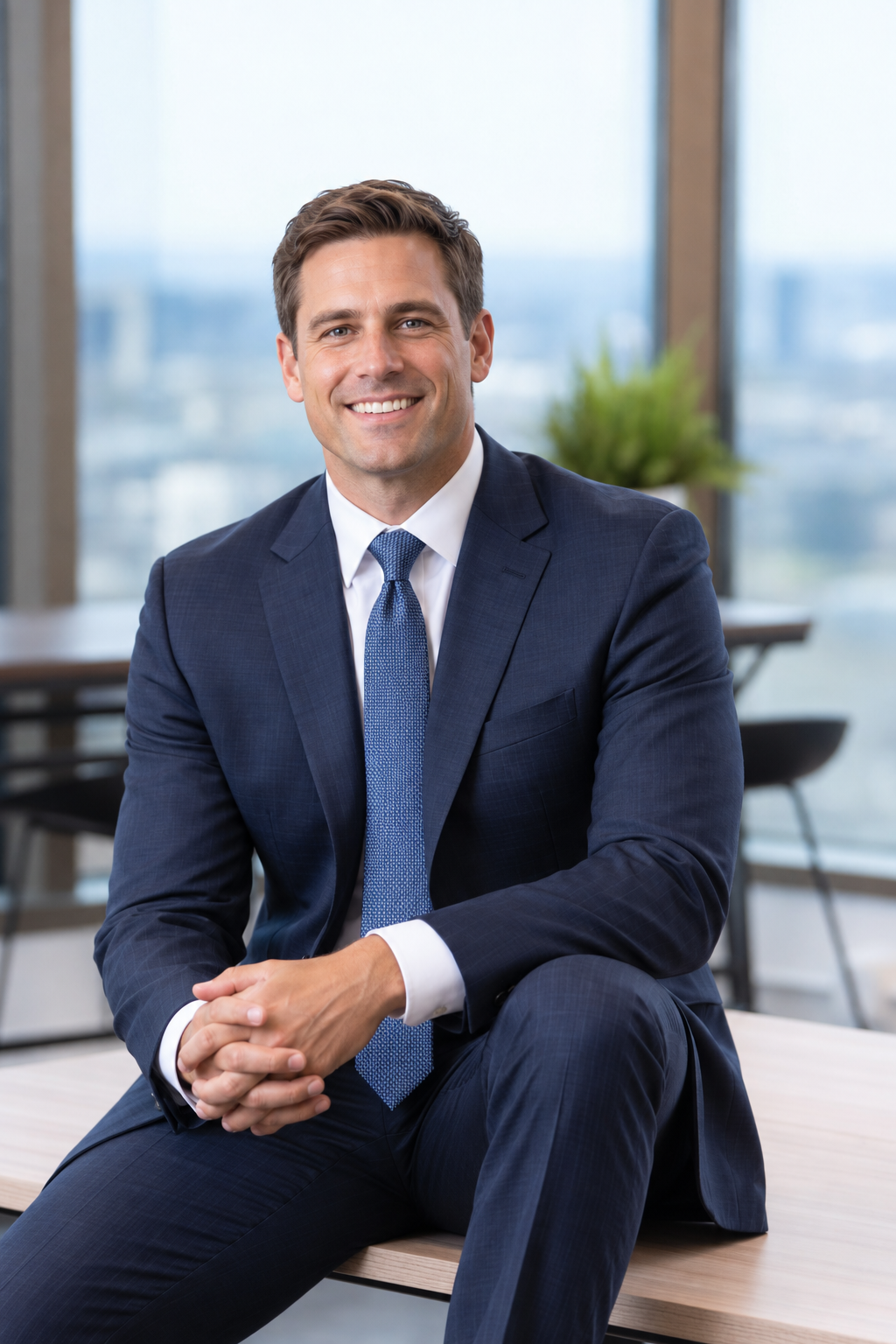 A smiling businessman in a navy suit and blue tie sits confidently in a modern office with city views.