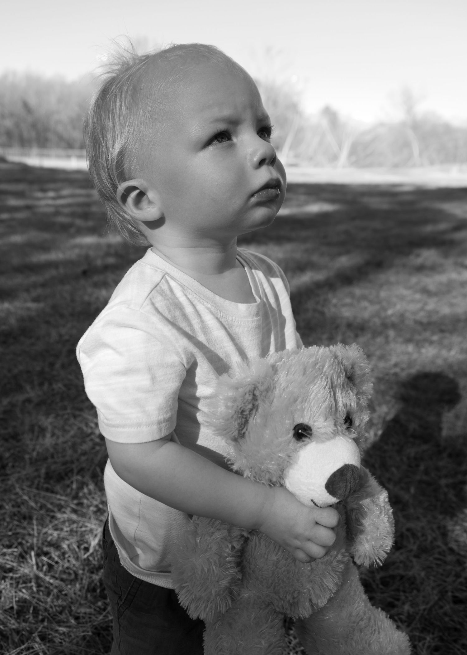 Black and white photo of a young blonde toddler boy holding a teddy bear outdoors in a park.