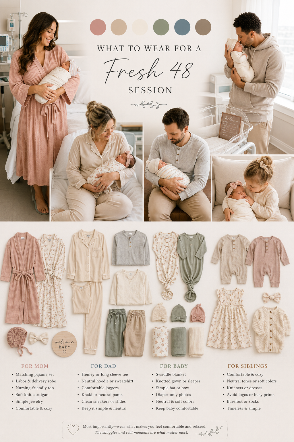Fresh 48 newborn session outfit guide showing family wardrobe ideas in neutral tones for mom, dad, baby, and siblings.