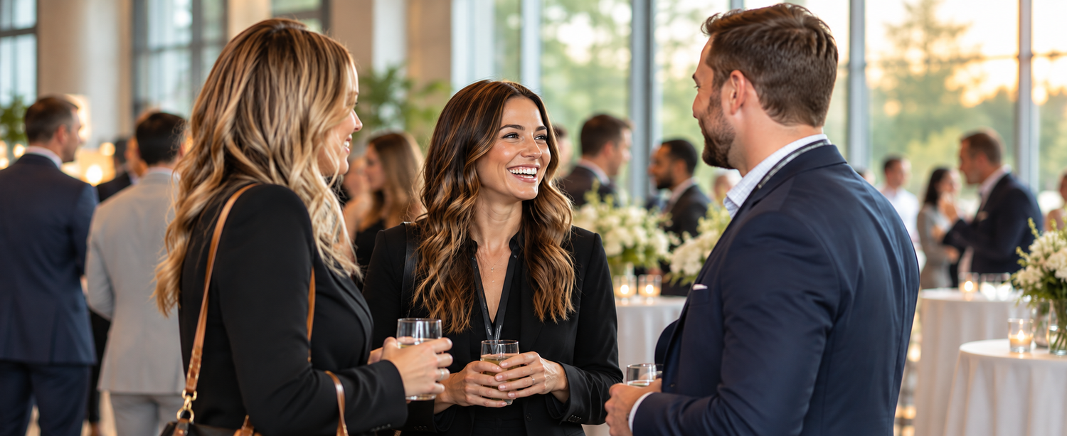 Professionals networking at an elegant corporate event, smiling and holding drinks in a bright modern venue.
