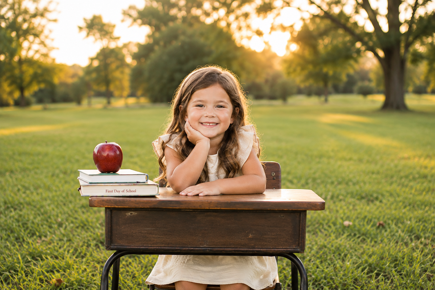 A smiling girl sits at a wooden school desk outdoors with books and a red apple, golden sunlight behind her.