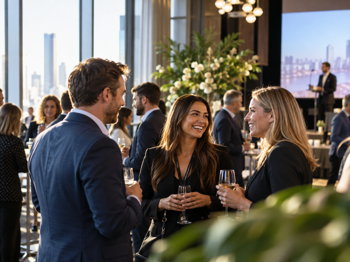 Business event photography featuring three professionals networking and socializing at a corporate reception.