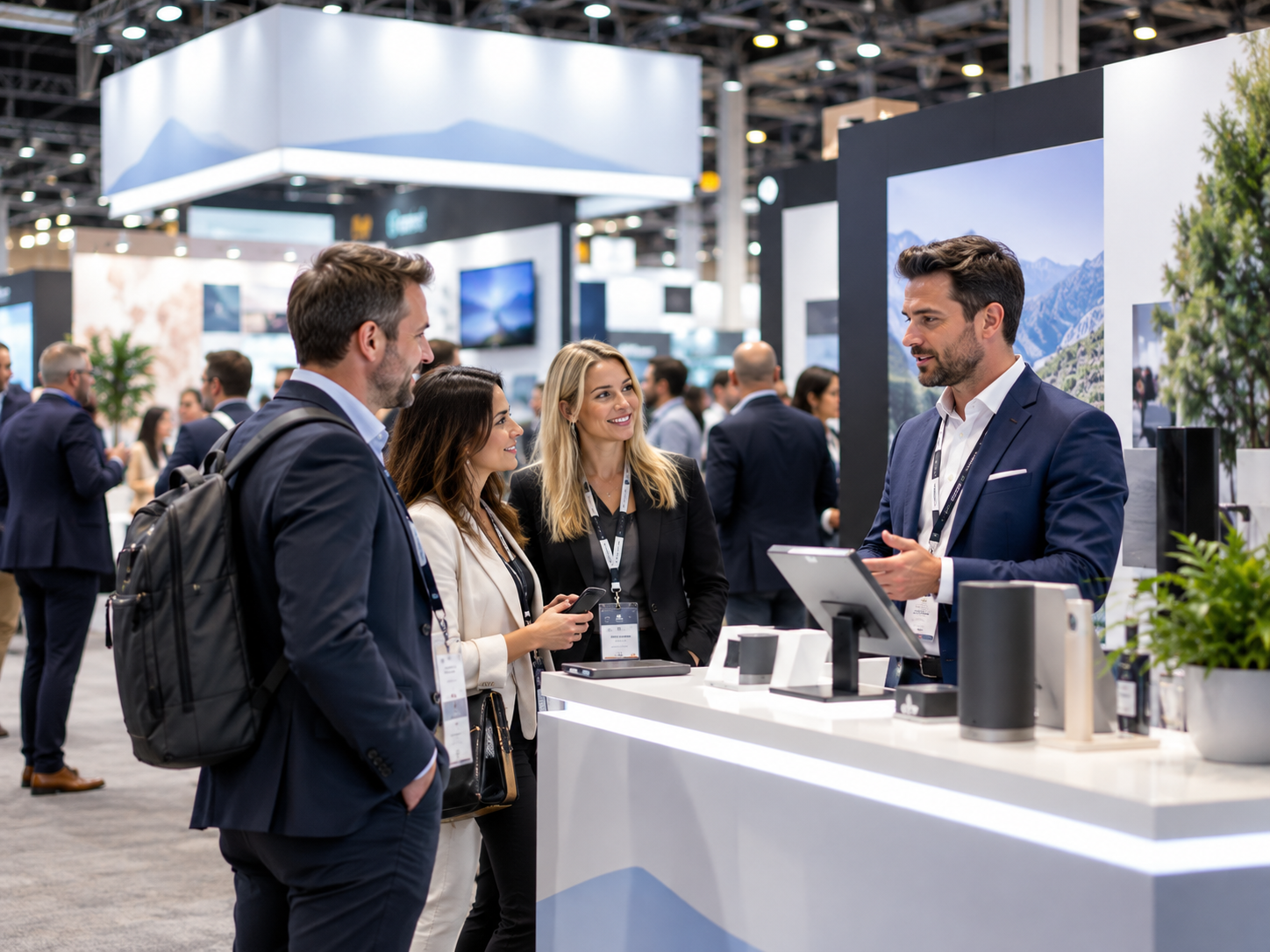 Conference and trade show photography showing business professionals discussing products at an exhibition booth.