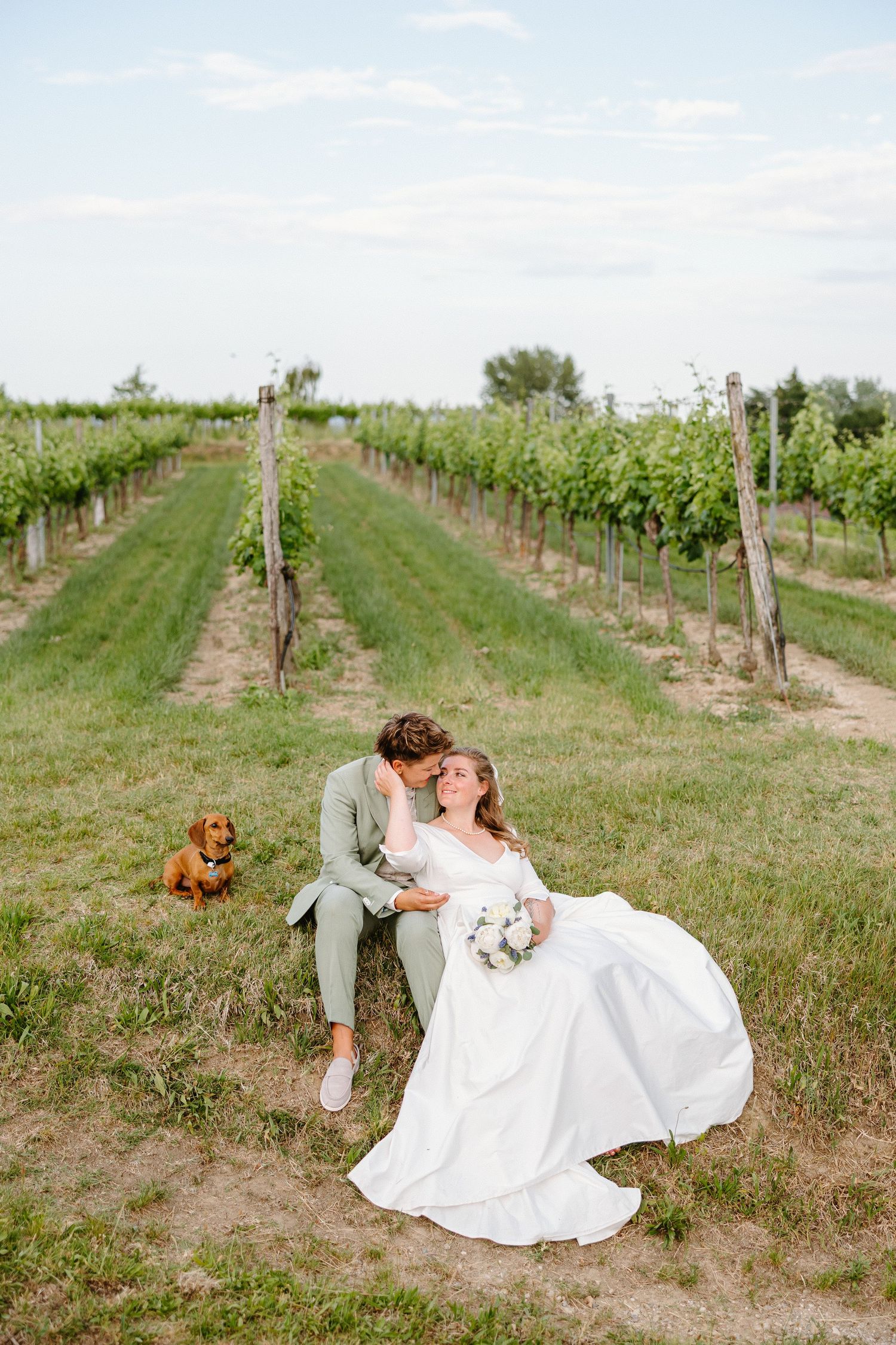 Bride and groom sitting in a lush vineyard with their dachshund dog on wedding day.