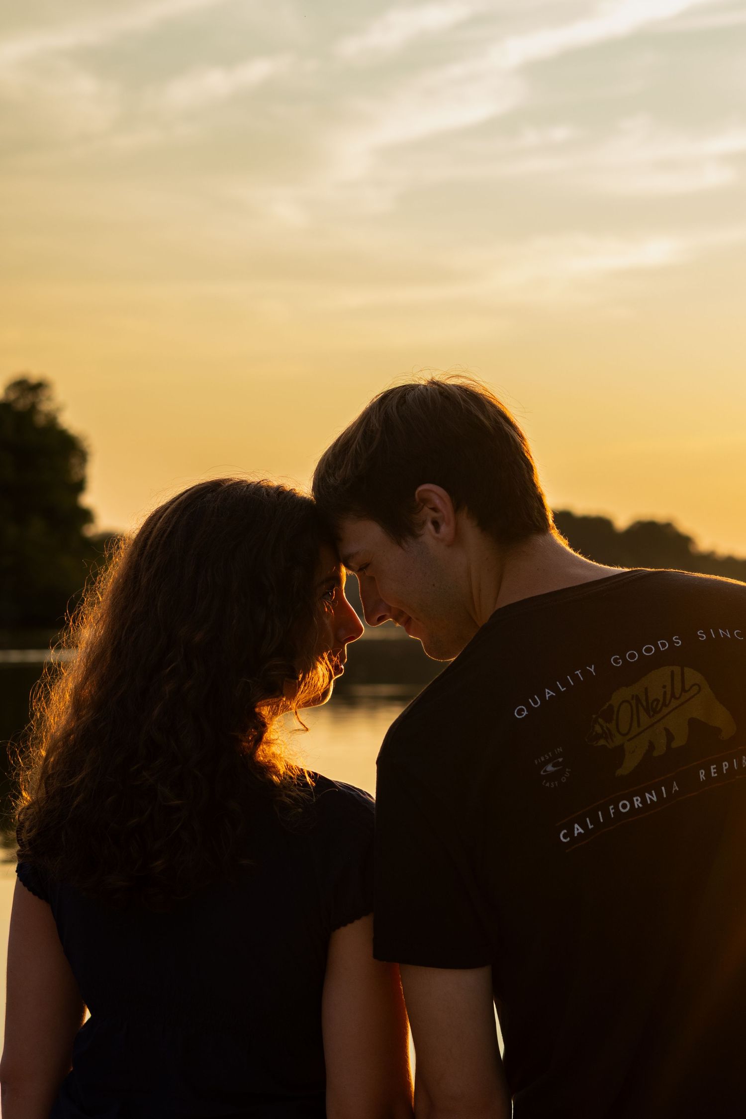 Silhouetted couple sharing an intimate moment during golden hour with trees in the background in Bear, Delaware.