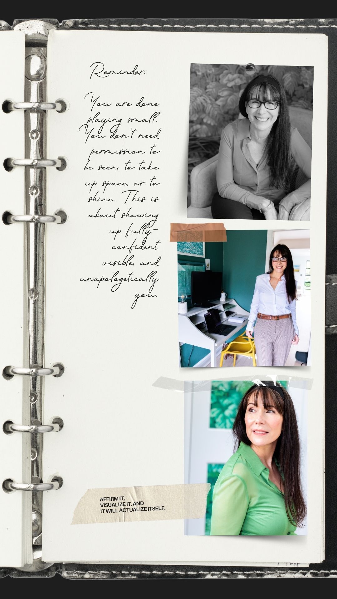 A collection of black and white and color photographs arranged in a scrapbook or photo album showing various casual portraits.