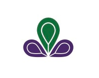 Four colorful circular logo designs with leaf and flower motifs in purple, green, and white on a white background.