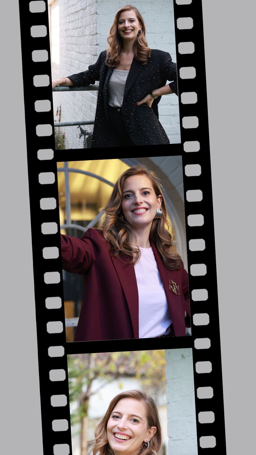 Film strip collage showing a woman in professional attire smiling and posing against various backgrounds.
