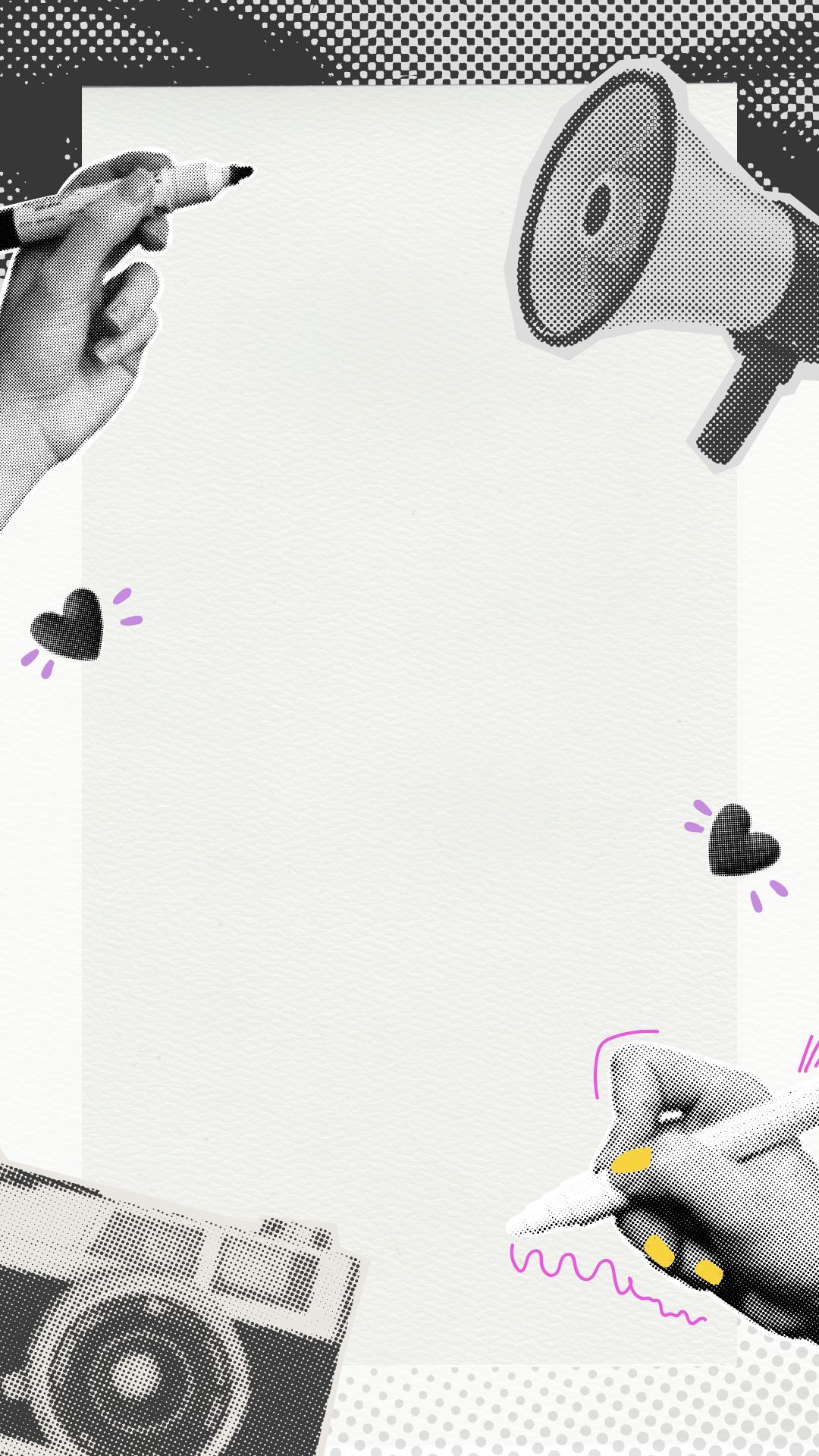 Black and white creative composition with megaphone, camera, writing hands and decorative heart elements on white background.