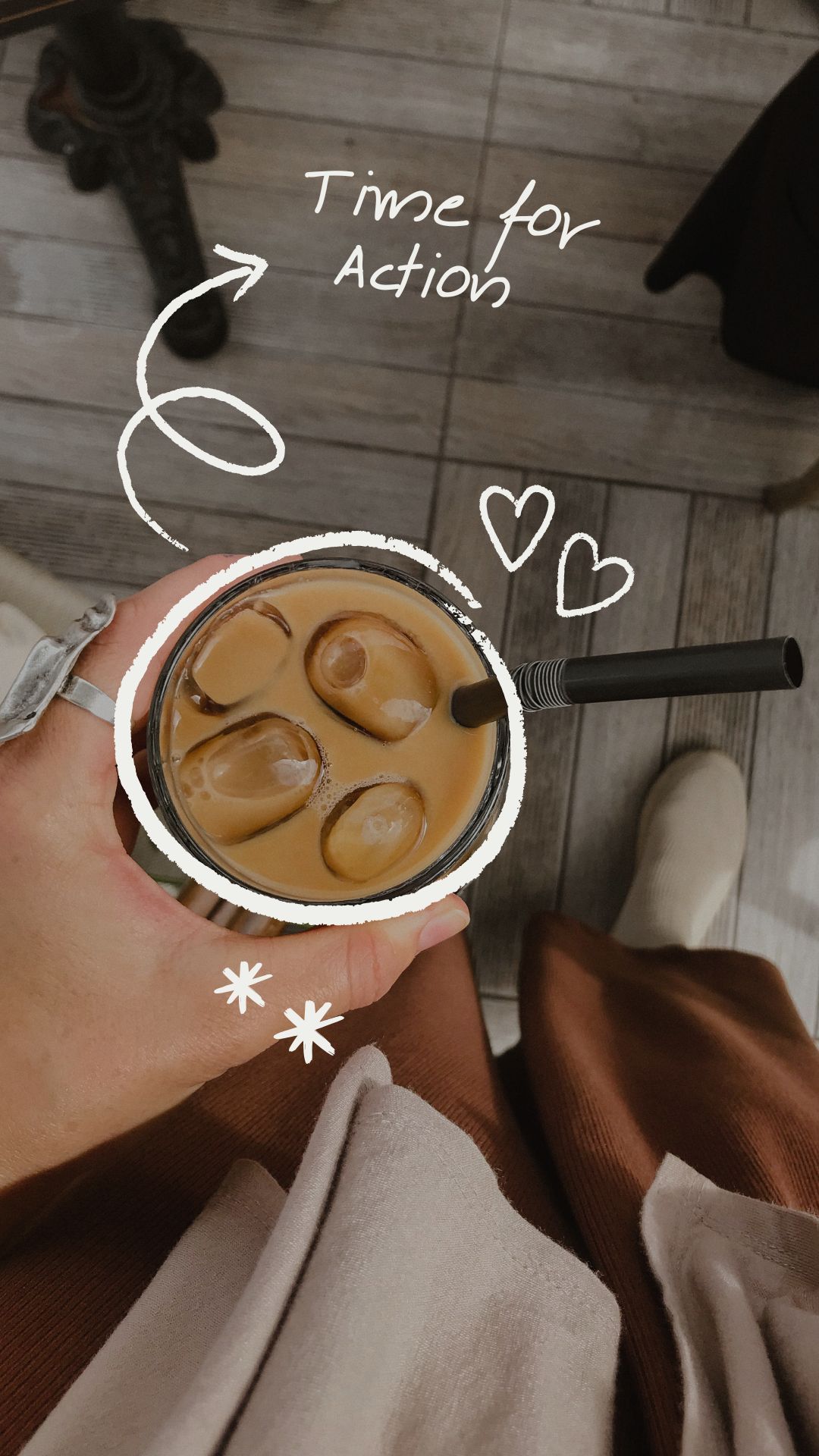 A series of four photos showing a mug of creamy coffee with heart-shaped latte art and hand-drawn doodle overlays.