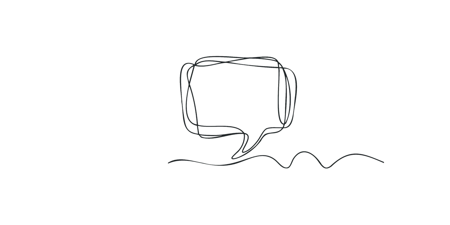 Minimalist line drawings of speech bubbles and dialog boxes in black and white.