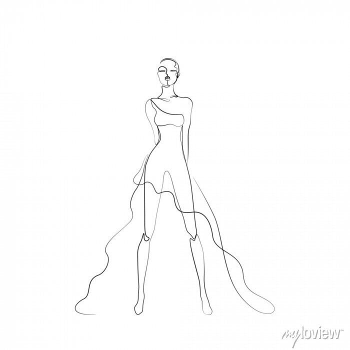 Continuous line drawing of abstract human fashion model figure in motion.