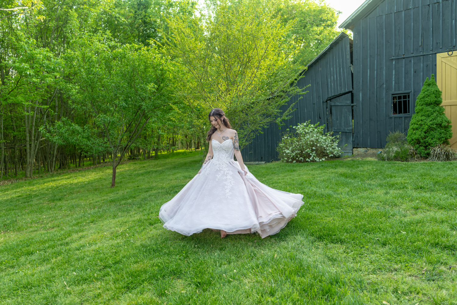 Bride in a flowing white lace ballgown twirling on green grass near a dark barn surrounded by lush trees.