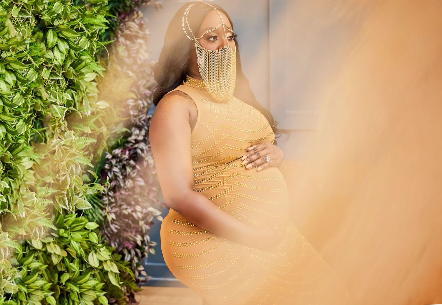 Editorial maternity photography DFW by Studio Mari — goddess gold chain bump portrait, Forney TX maternity photographer Mari Jaxn Studio