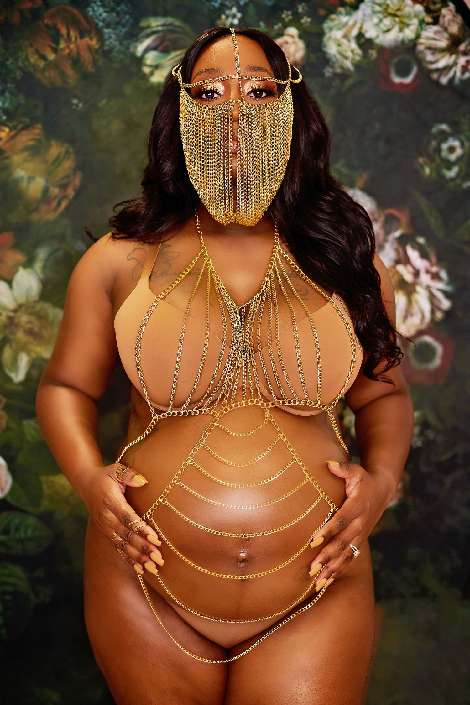 Editorial maternity photography DFW by Studio Mari — goddess gold chain bump portrait, Forney TX maternity photographer Mari Jaxn Studio
