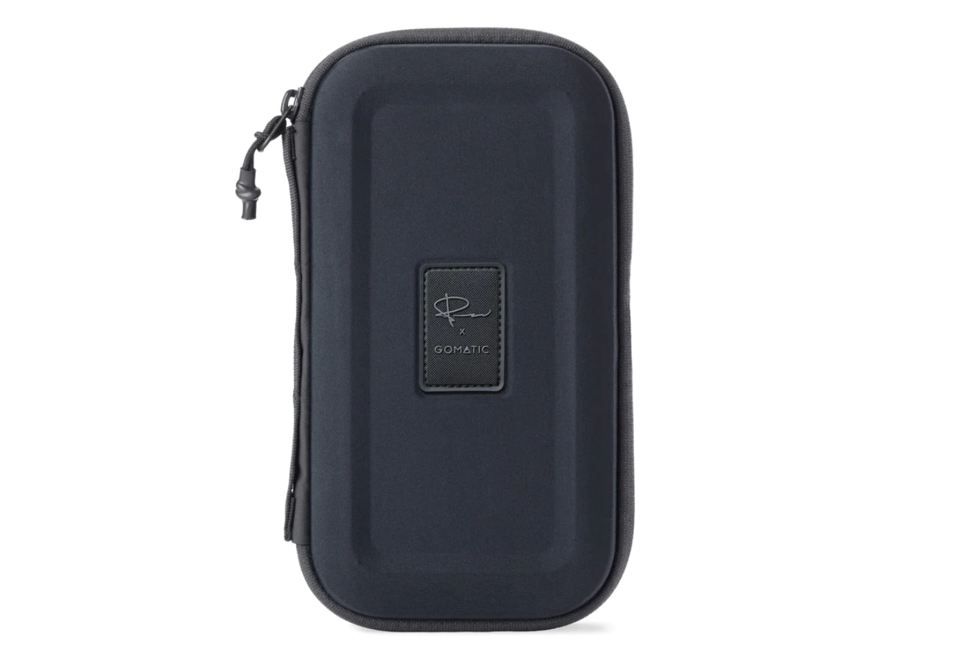 Compact navy blue zippered tech accessories case with embossed logo.