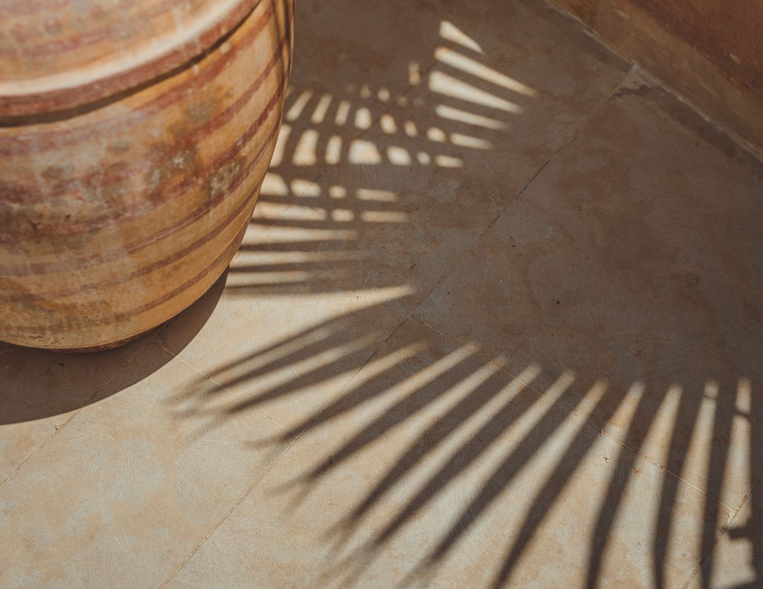 Palm frond shadows creating striped patterns on a terracotta surface.