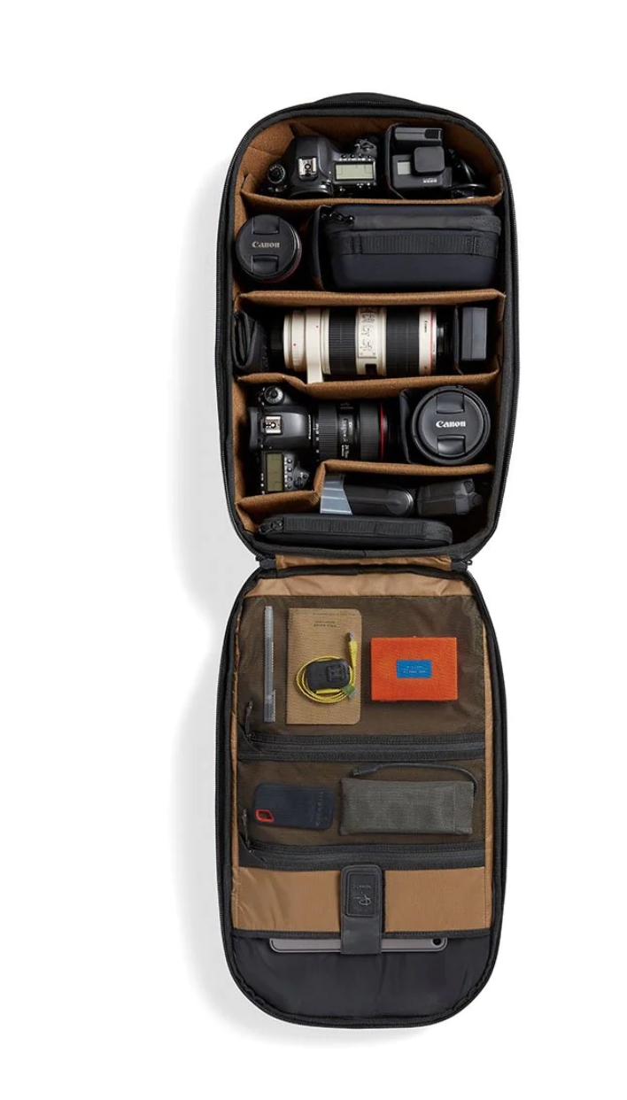 Well-organized camera bag interior displaying lenses, cameras and accessories.