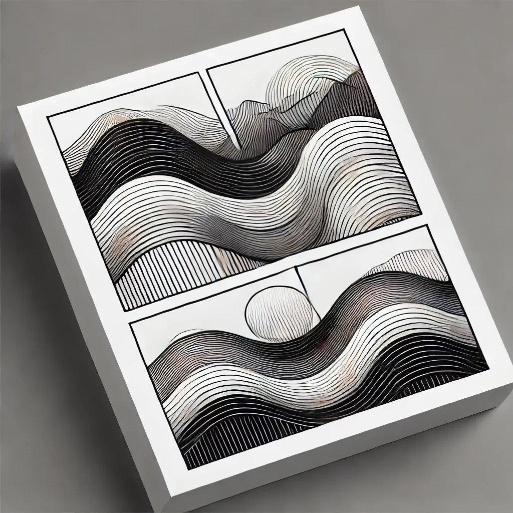 Black and white abstract art featuring undulating waves and contour lines creating flowing mountain-like landscapes.