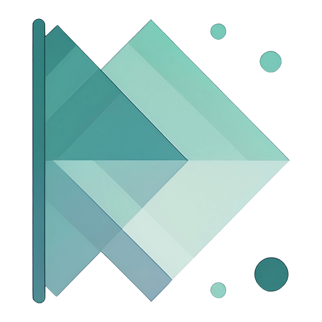 Abstract geometric pattern with overlapping turquoise and teal rectangles and small dots on a white background.