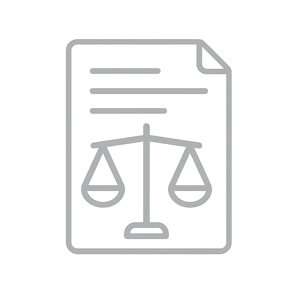 Line art icons depicting legal scales and document symbols in a minimalist style.