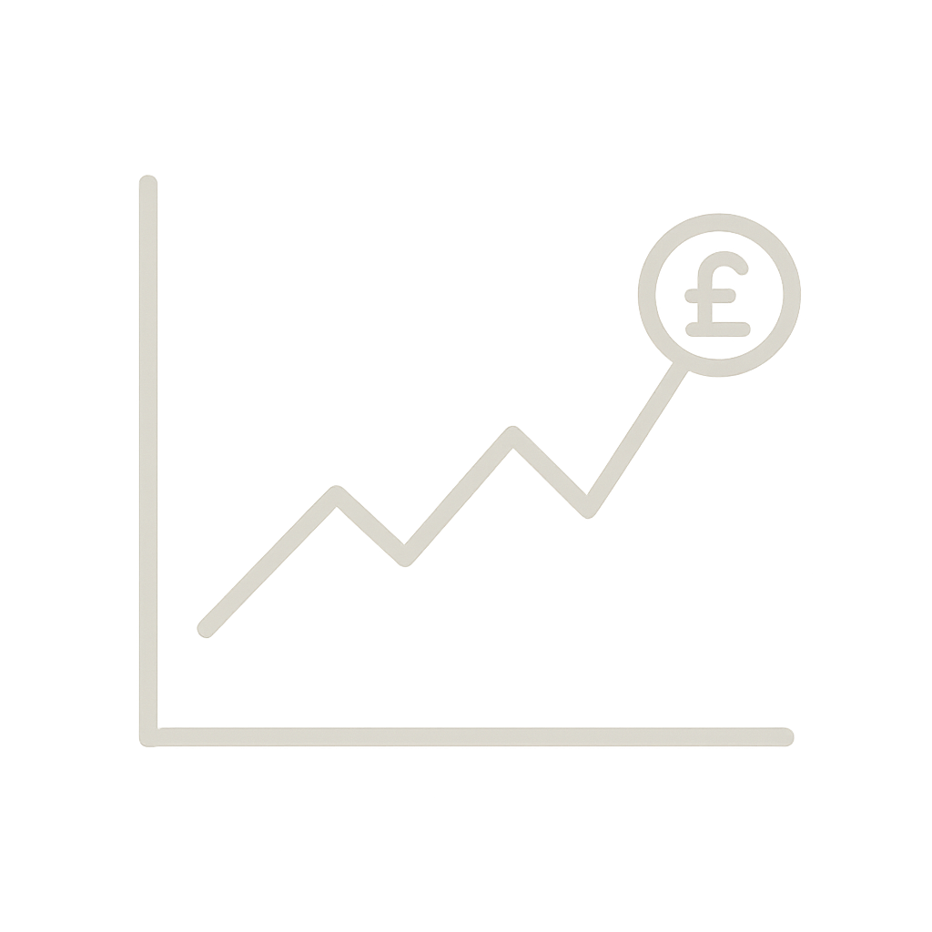 Small financial icons showing pound sterling, graph, calculator, and magnifying glass symbols set in light gray design.