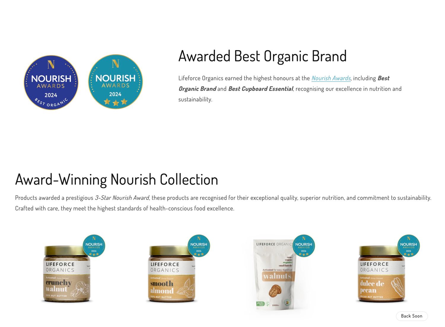 Product lineup showing Nourish Organic skincare collection with award-winning seals and product jars arranged horizontally.