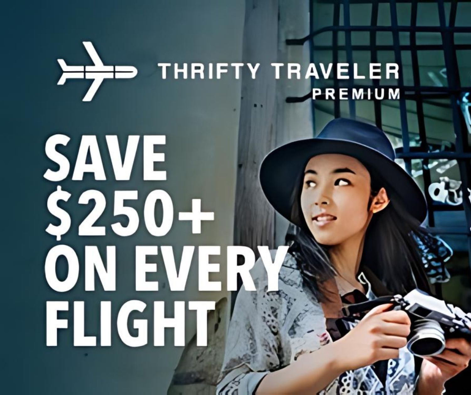 Travel advertisement showing person with camera and text promoting flight savings.