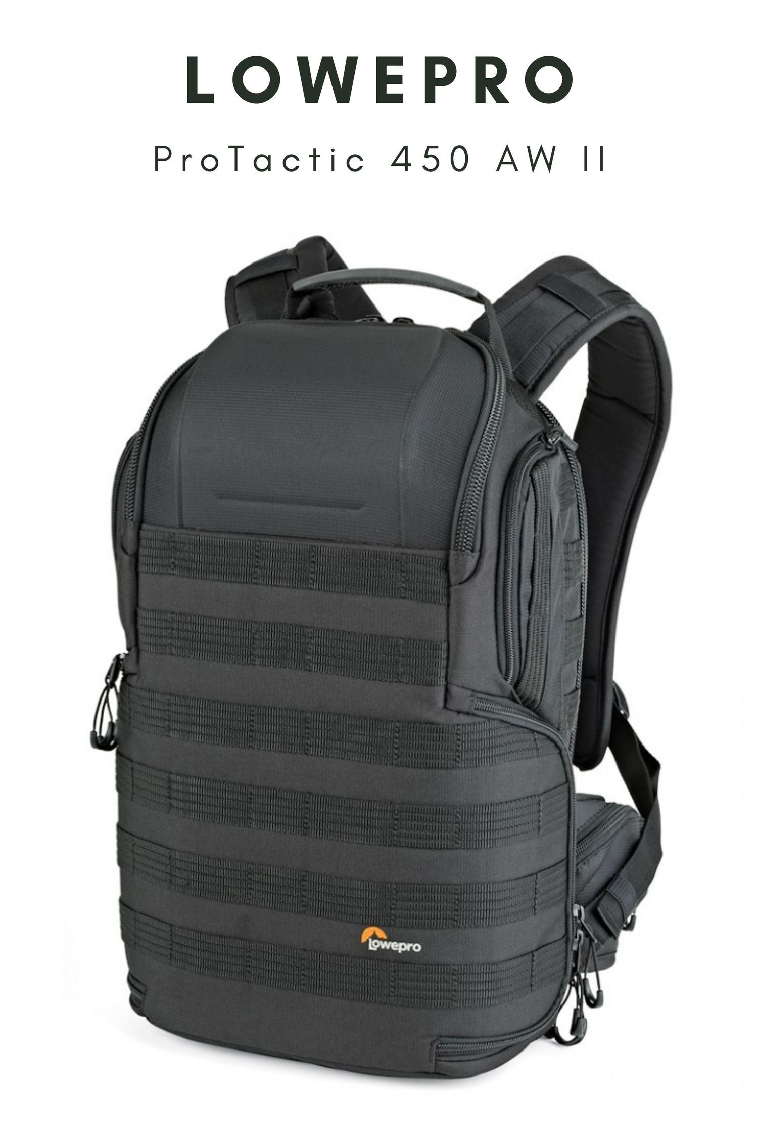 Black Lowepro ProTactic 450 AW II camera backpack with tactical MOLLE design and multiple storage compartments.