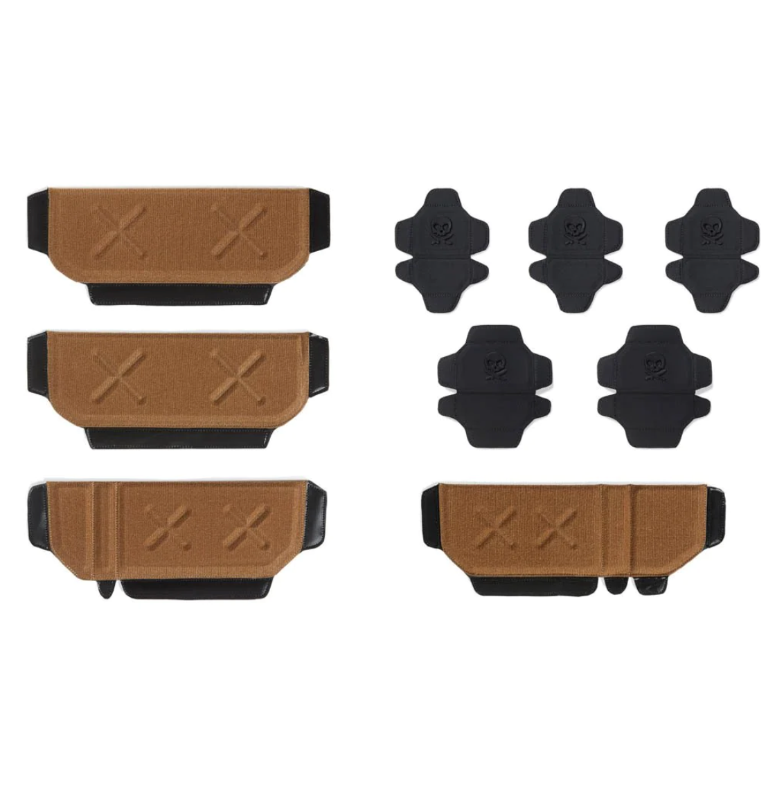 Brown leather dividers and black padding inserts for organizing camera equipment inside a backpack.