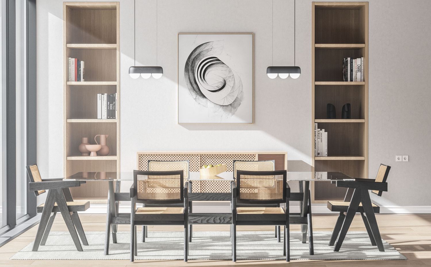 Modern dining room with black furniture, built-in shelving, and minimalist abstract wall art in a bright white interior.