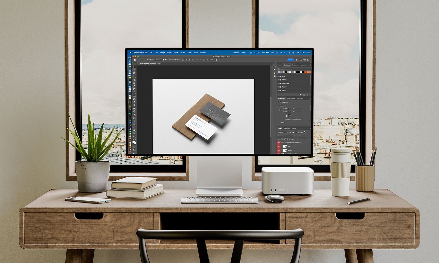 Clean wooden desk workspace setup with computer monitors and office accessories.