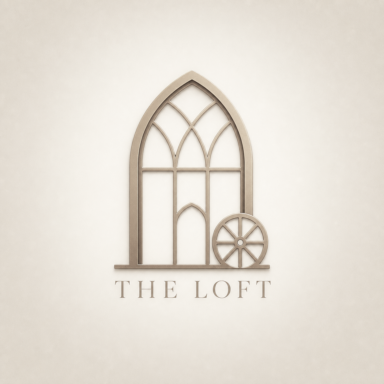 Elegant logo for The Loft featuring a Gothic arch window with a wagon wheel accent in soft beige tones.