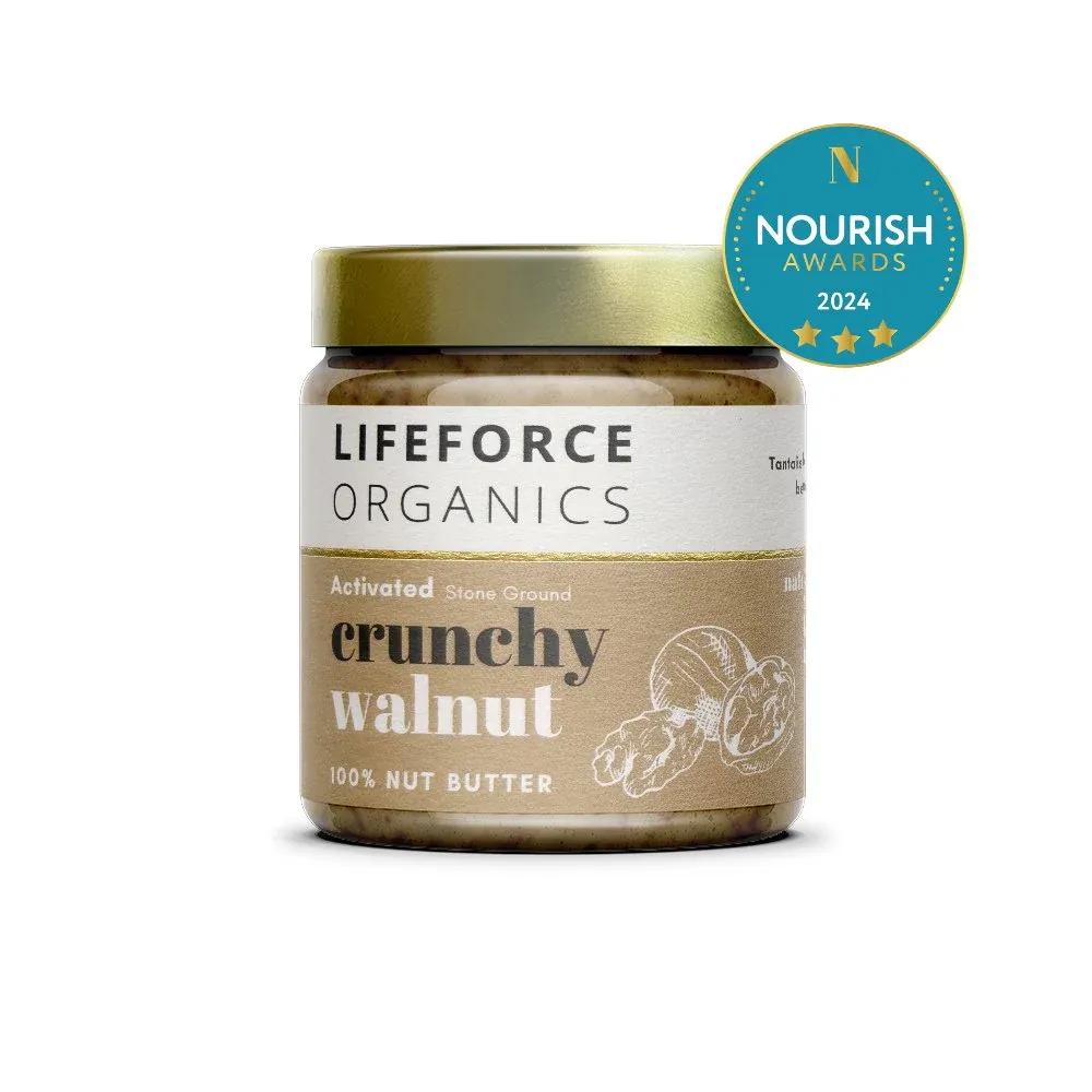 Organic food packaging design for crunchy walnut butter with Nourish branding.