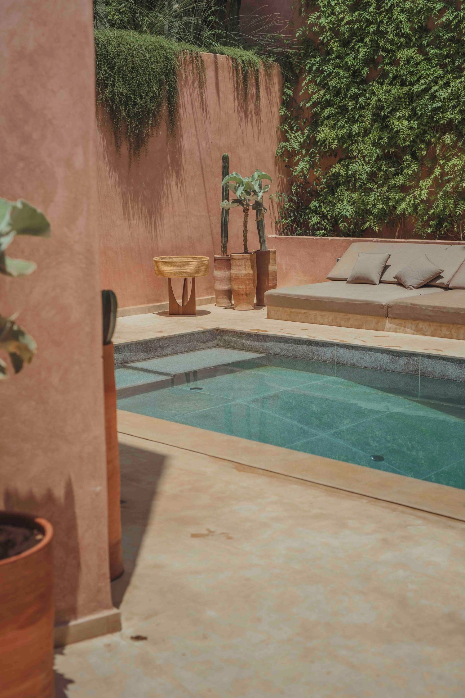 Modern swimming pool with terracotta walls and lush greenery in a Mediterranean-style courtyard setting.