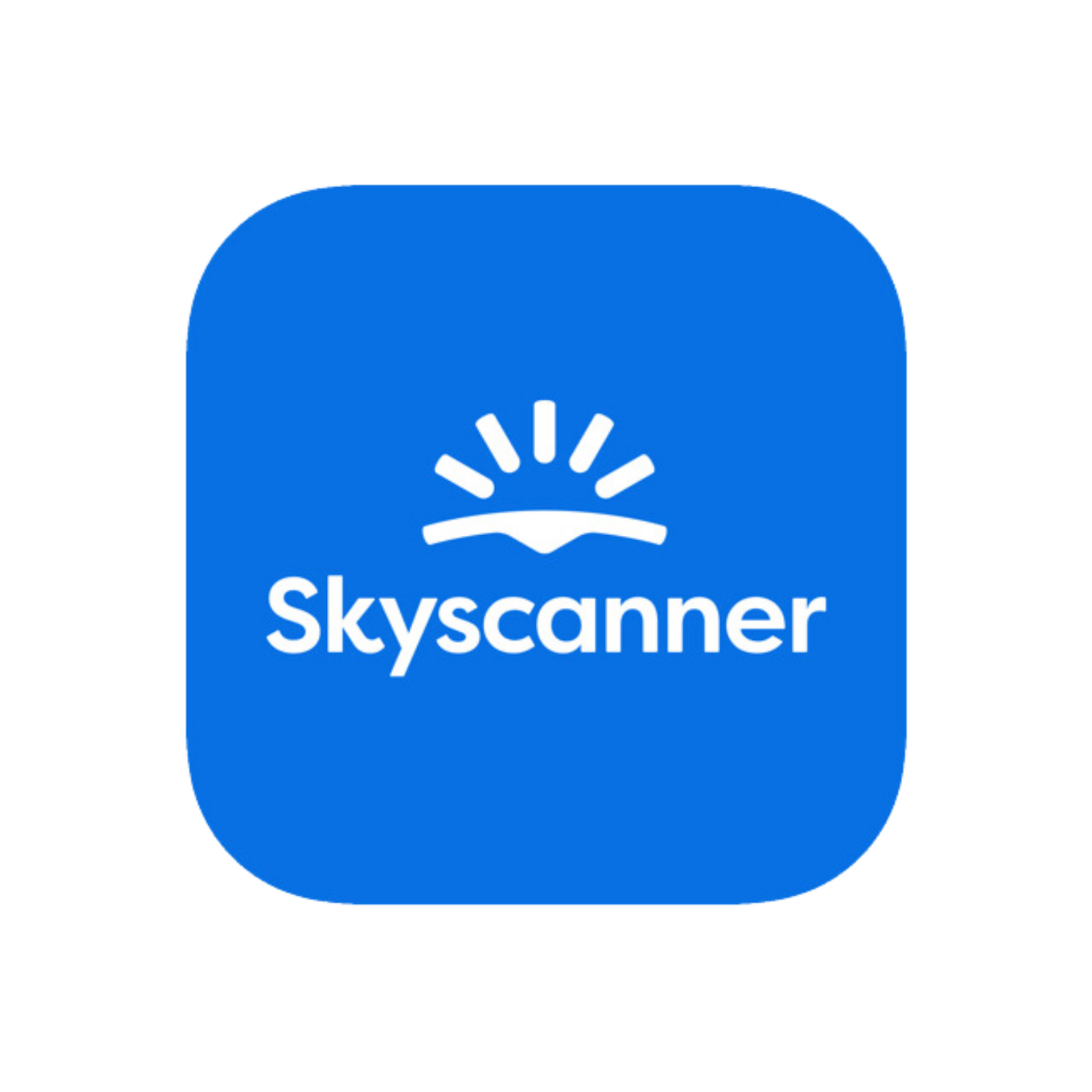 Skyscanner app icon featuring a white sunrise symbol on bright blue background.