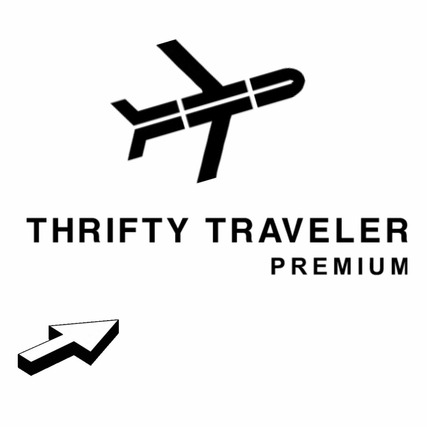 Simple black airplane logo for Thrifty Traveler Premium with directional arrow below.