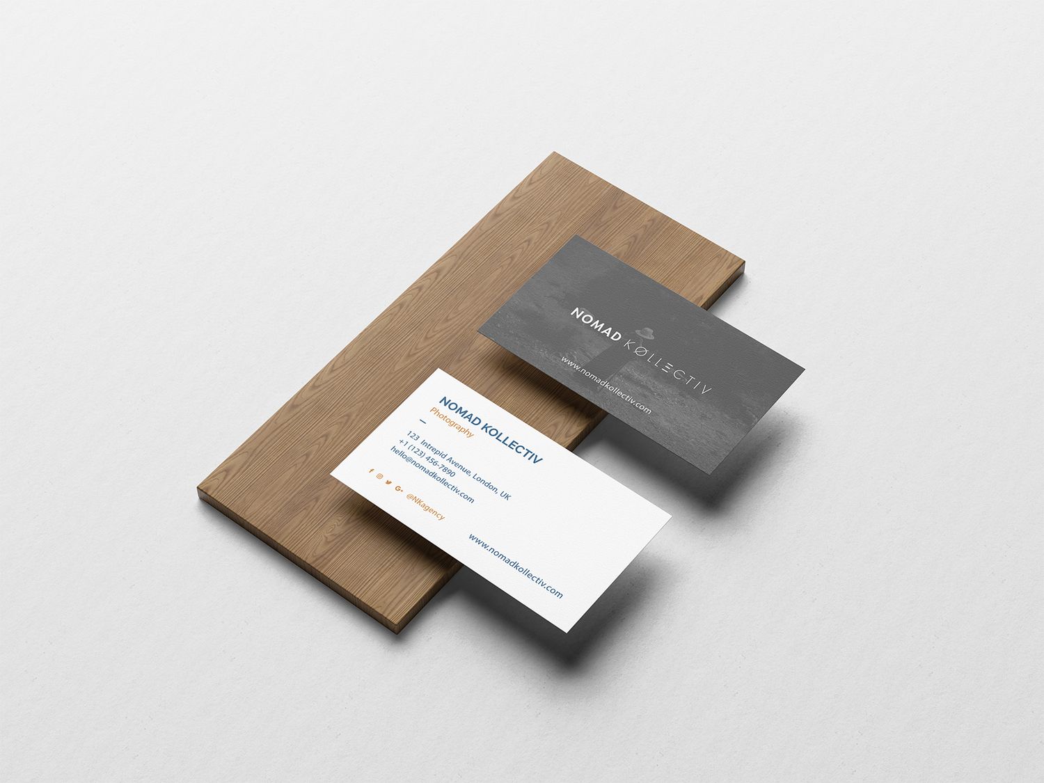 Minimalist business cards mockup showing kraft paper and gray designs.