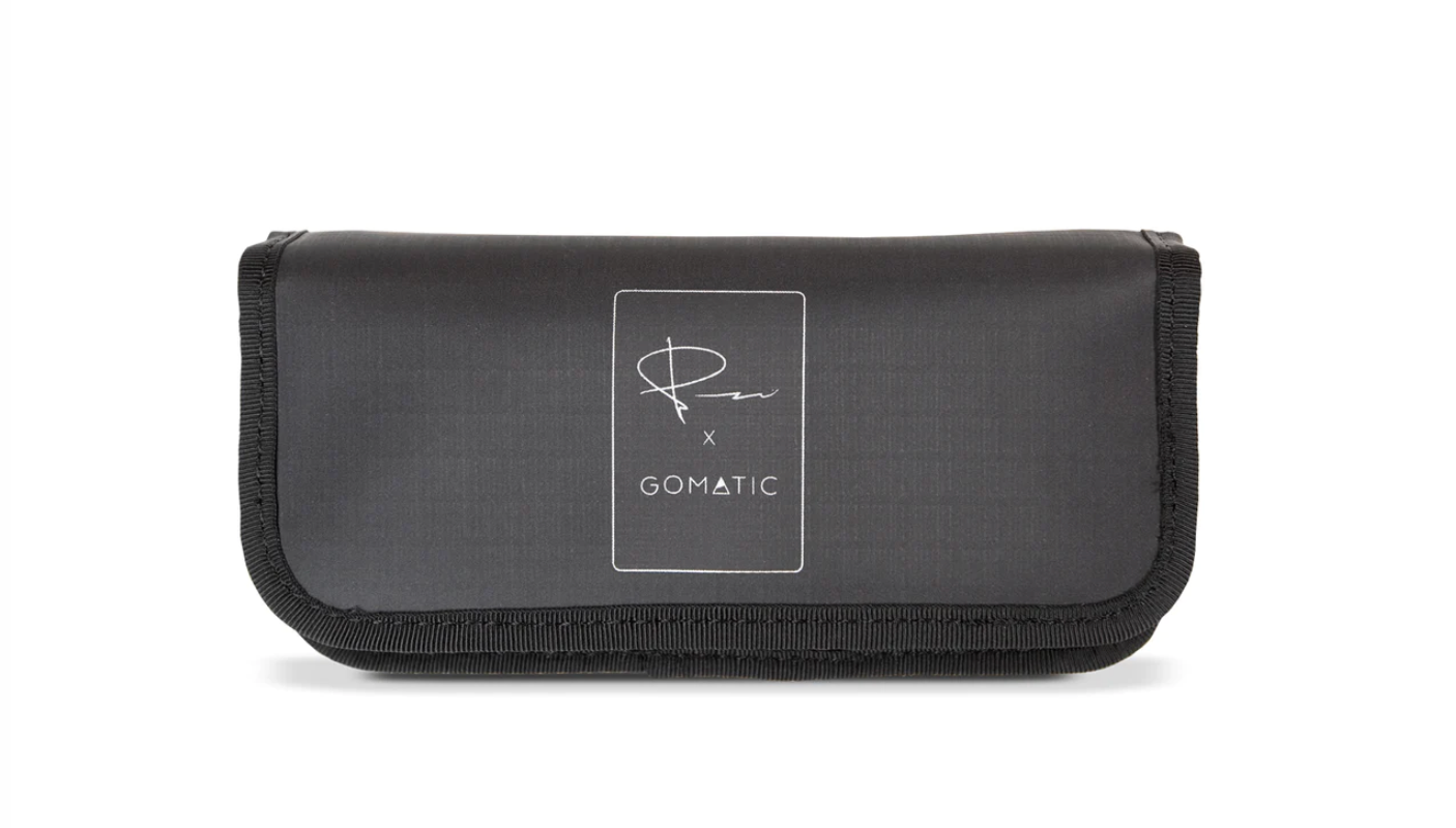 Gray rectangular storage pouch with minimalist logo design on front.