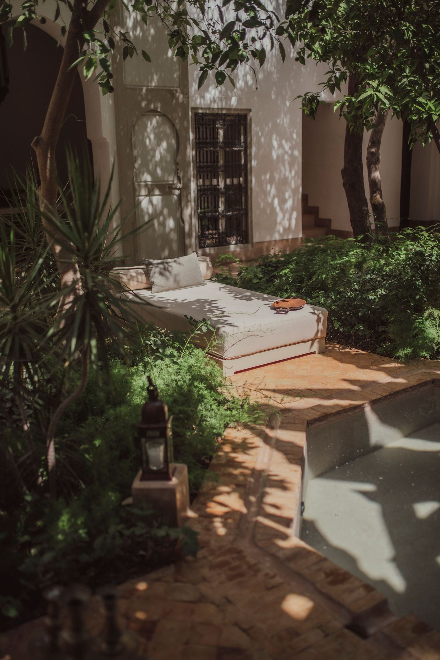 Peaceful garden courtyard with stone path, greenery, and white walls casting dappled shadows.