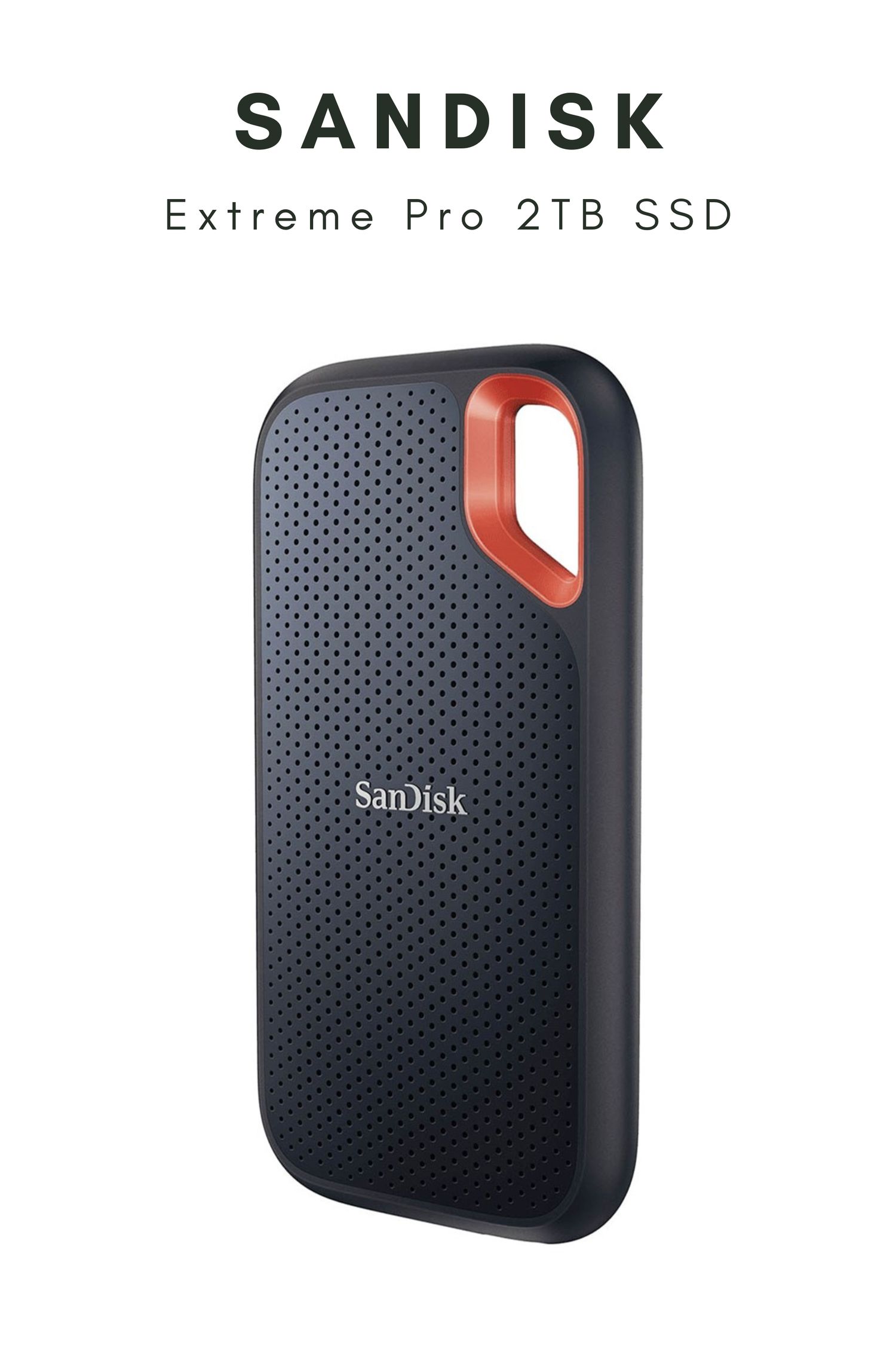 SanDisk Extreme Pro 2TB portable SSD with textured black casing and orange accent shown at an angle against white background.