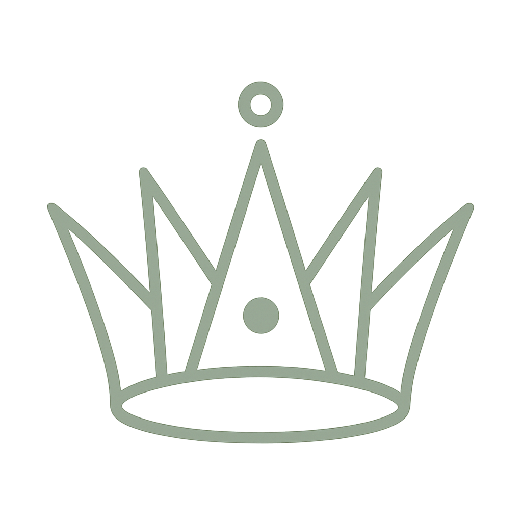 Simple line drawings of five different crown designs showing royal headpiece variations in a minimal style.