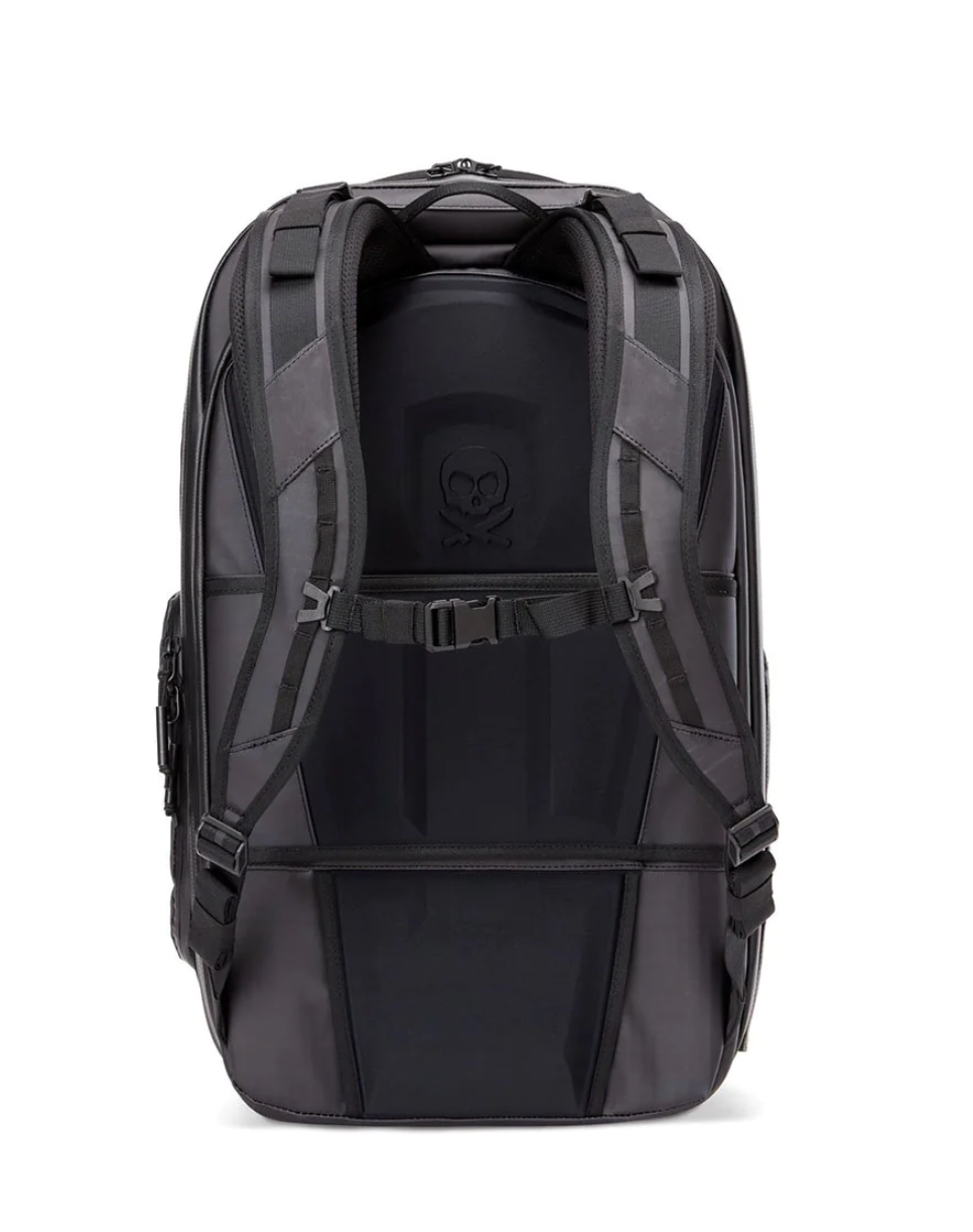 Back view of grey camera backpack showing padded straps and support system.