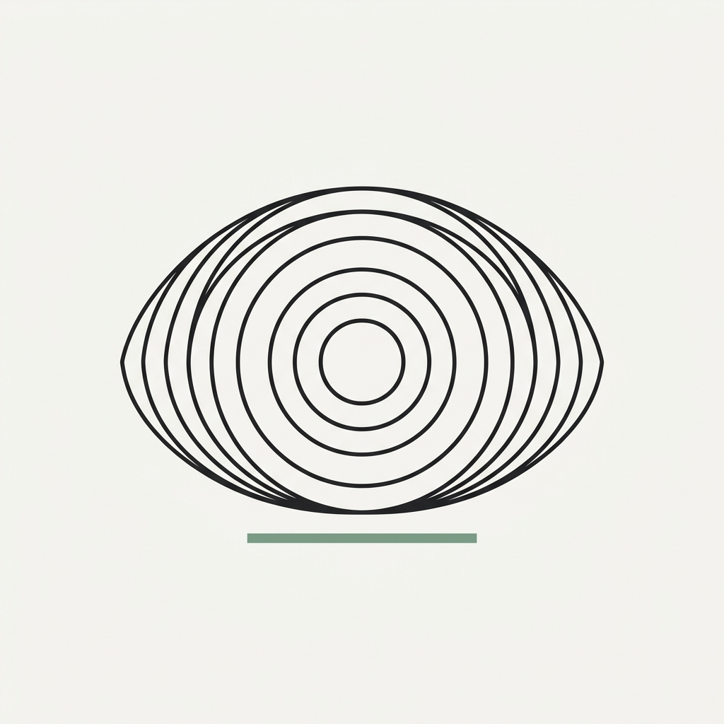 Minimalist eye illustration with concentric circles and a green underline on a light background.